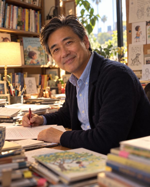 Ronald Moy at his desk, writing among stacks of picture books and sketches